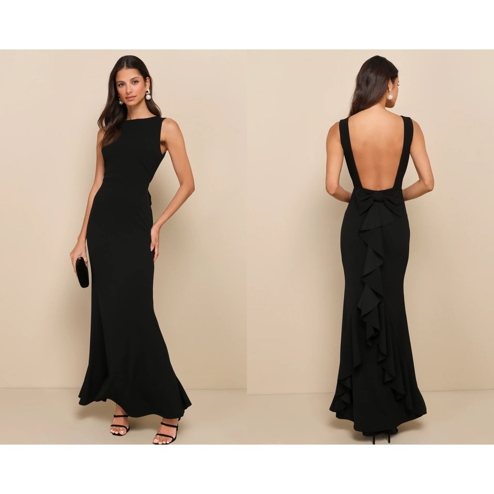 Lulus Exquisite Refinement Black Backless Bow Ruffled Maxi Dress Size XL